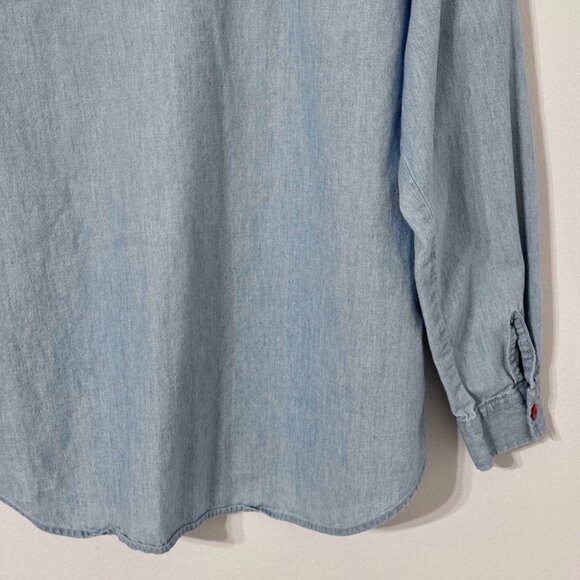 Vtg Christmas Stamps Denim Button Down Shirt Embroidered Holiday Festive Teacher - Picture 10 of 16